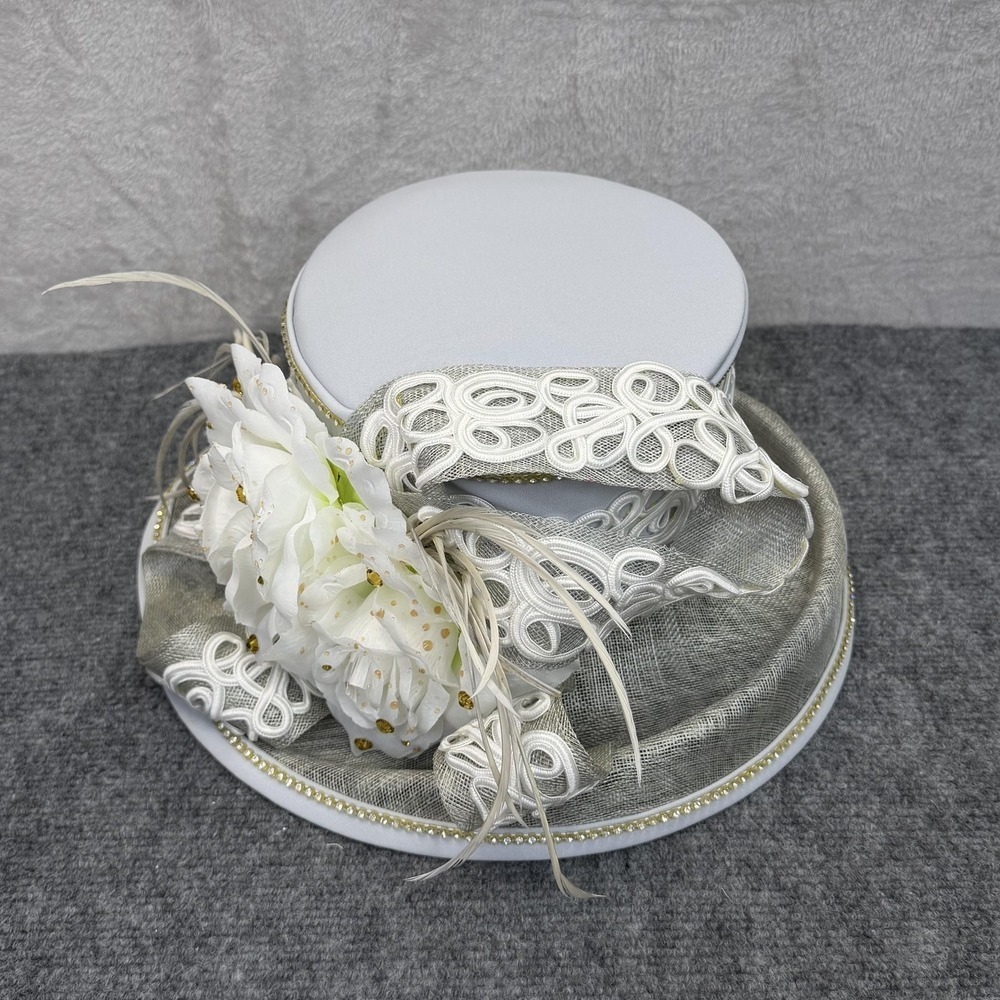 Champagne Italy Hat Womens Adjustable Blue Wide Brim Rhinestone Derby Churchโ